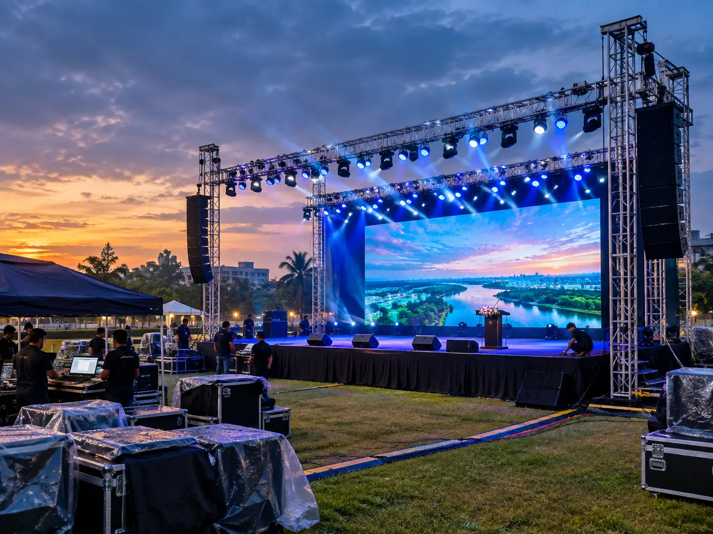 Weather-ready outdoor rental LED stage and truss setup at twilight